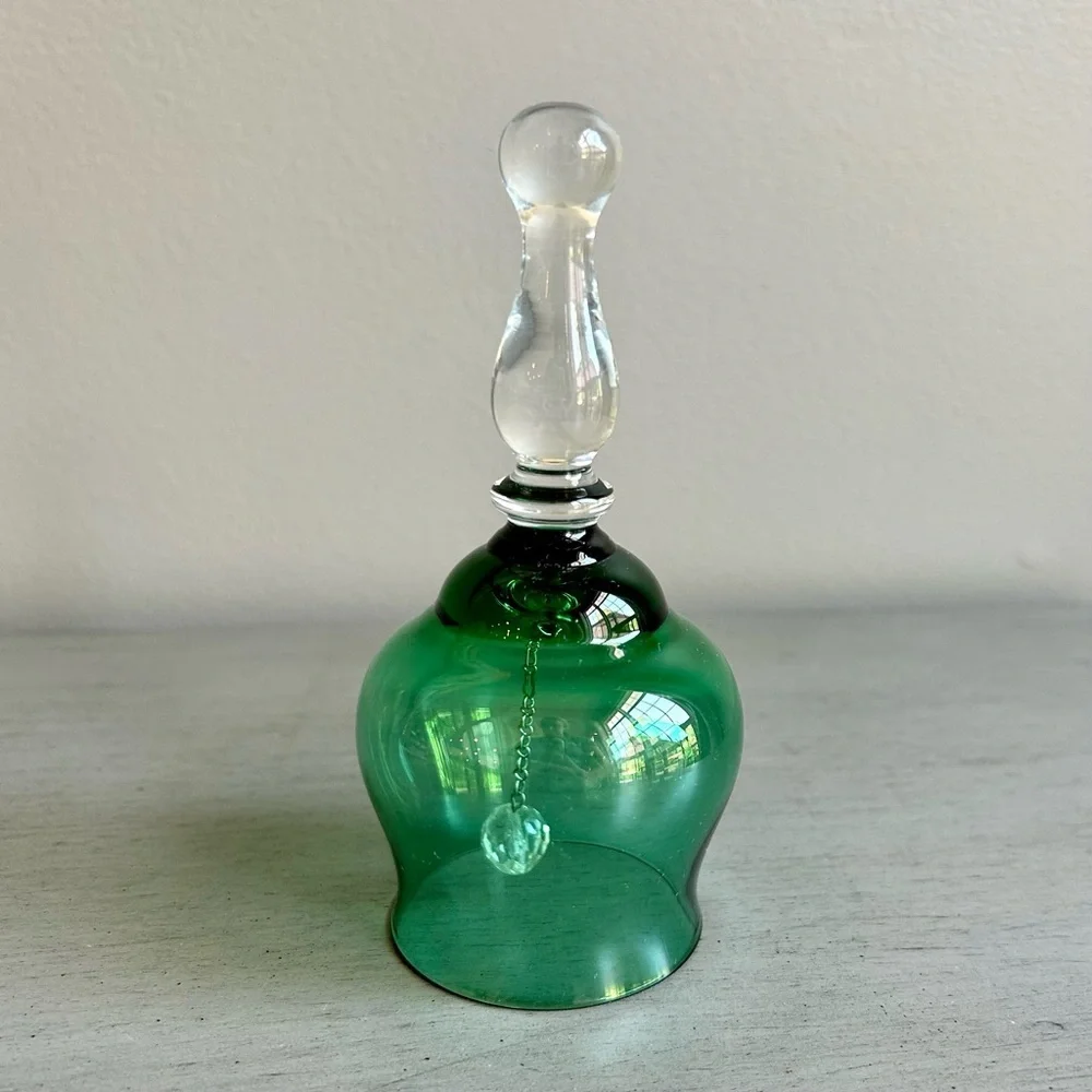 Vintage Green Glass Bell with Clear Handle Holiday Collectible 5